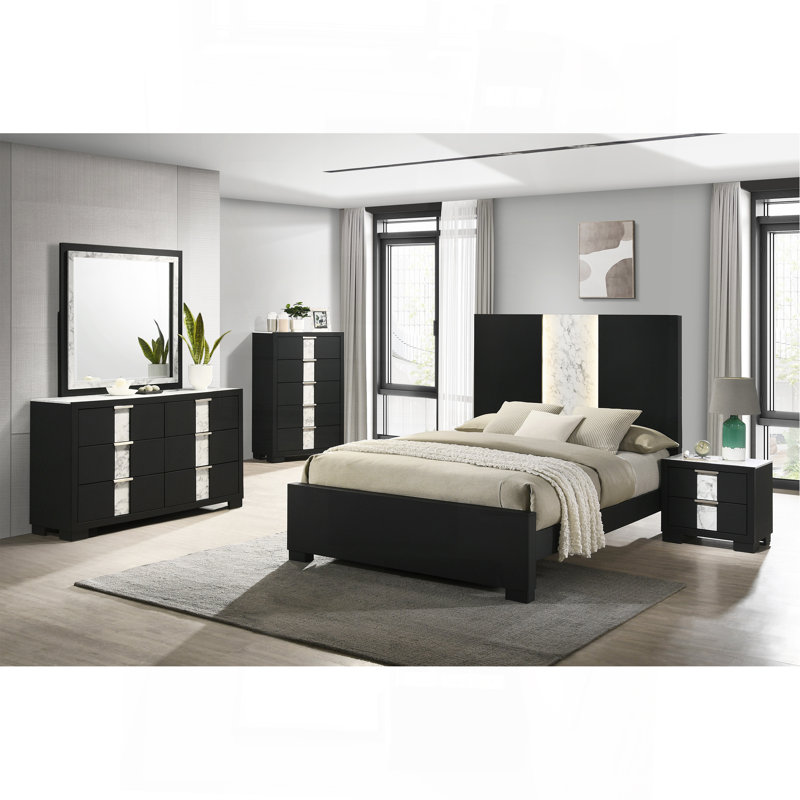 Mobilier de chambre à coucher contemporain 1pc, Grand lit, Noir / blanc