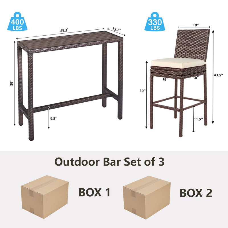Ensemble de bar d'extérieur pour patio 3 pièces Ensemble de table de bar et chaises d'extérieur Ensemble de 2 tabourets de bar en osier à hauteur de bar toutes saisons