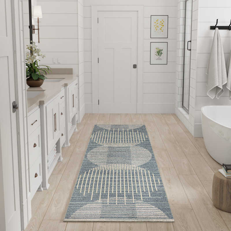 George Oliver Jeffs Machine Washable Blue Mid-Century Modern Indoor Rug, Runner 2' x 6'