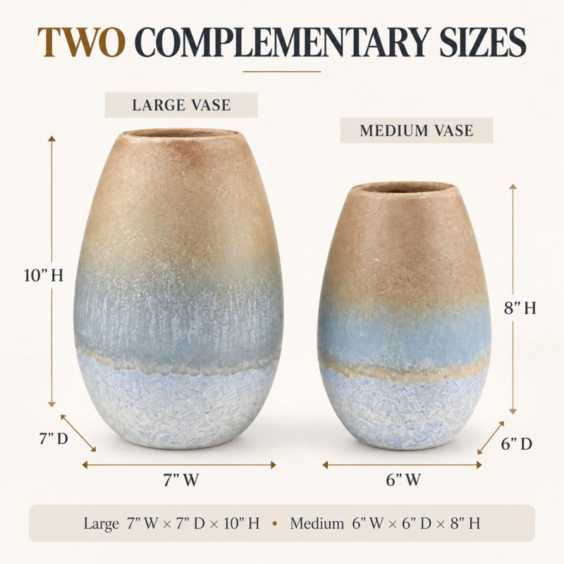 Ensemble de 2 vases de table oblongs en céramique, dégradés or, gris et bleu