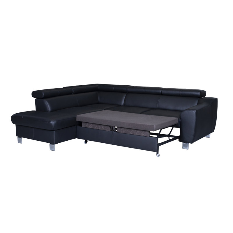 Aribel Faux Leather Corner Sofa with Sleeping Function and Storage Box with Adjustable Headrests , Black, Left Hand Facing