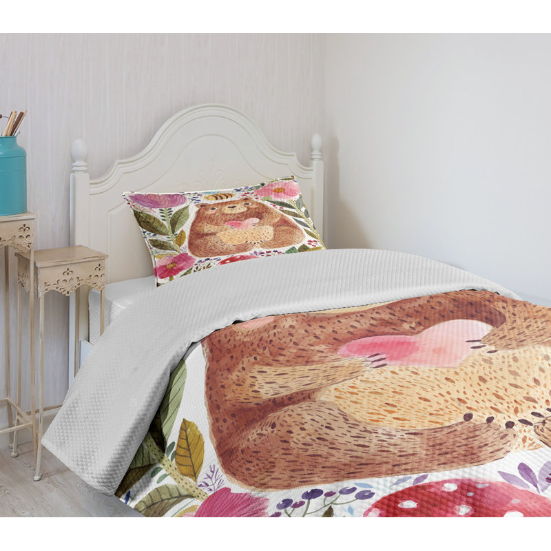 Colorful Bear and Flowers Twin Bedspread Set