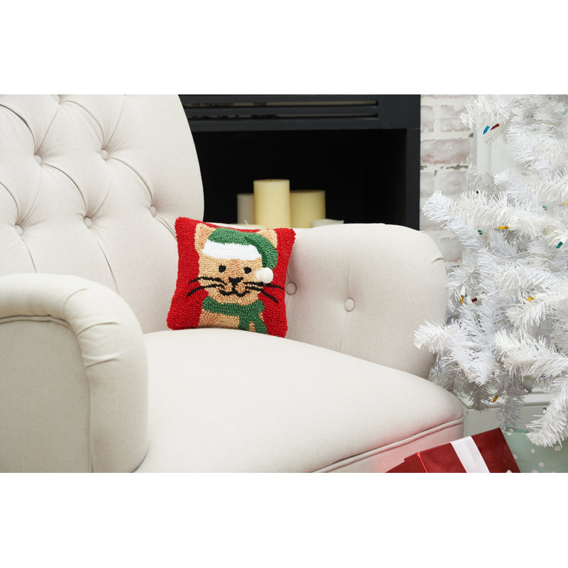 Christmas Brown Kitty Cat in Santa Hat on Red Background Petite Accent Hooked Throw Pillow