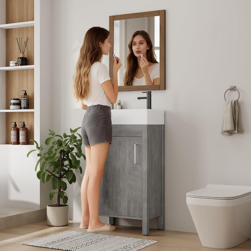 16" Bathroom Vanity with Sink, Freestanding Wooden Cabinet with Soft‑Closing Door for Small Spaces, Nickel