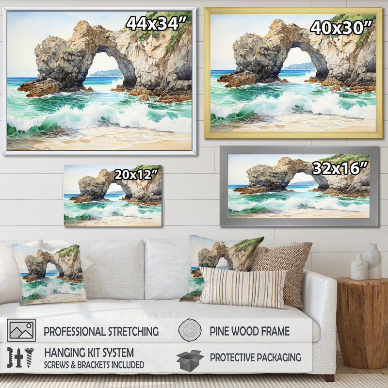 Coastal Rock Arch Beach 1 - Vagues côtières, art mural, Cadre de coin argenté fermé, H 12 po x l 20 po x P 1 po