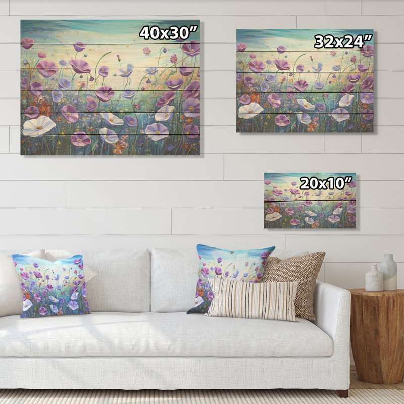«Purple Morning Glory», champ de fleurs, art mural en bois sur bois de pin naturel, H 10 po x l 20 po
