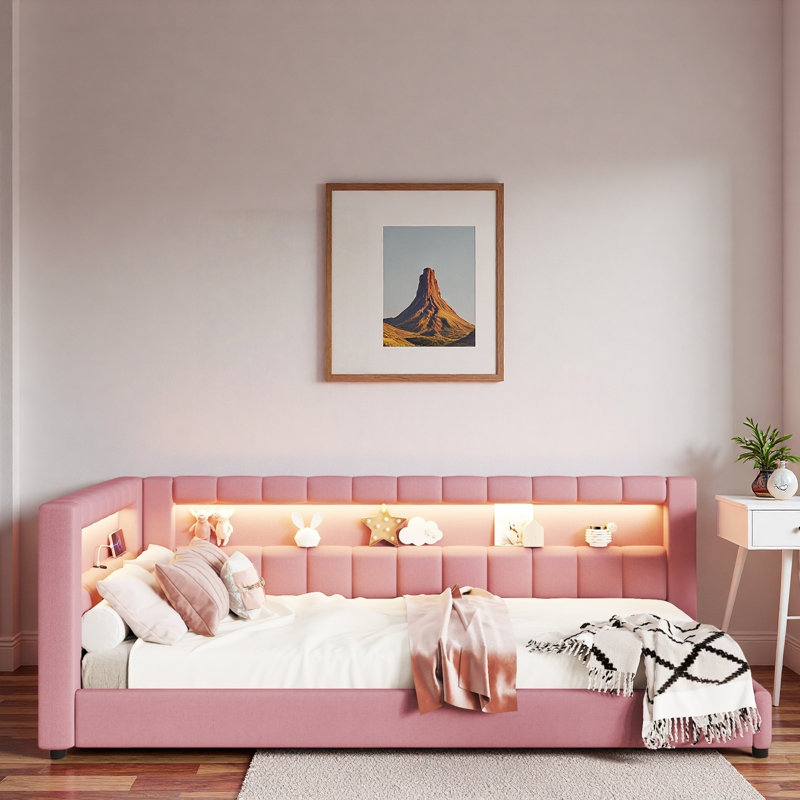 Upholstered Daybed With Usb Ports And Led Light Strips, Twin Extra-Long, Pink