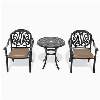 3-Piece Set Of Cast Aluminum Patio Furniture  With Black Frame and Brown Seat Cushions
