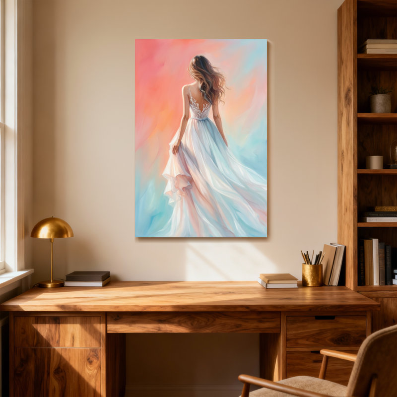 Femme de Saint-Valentin en robe blanche fluide qui s'en va, H 40 po x l 28 po