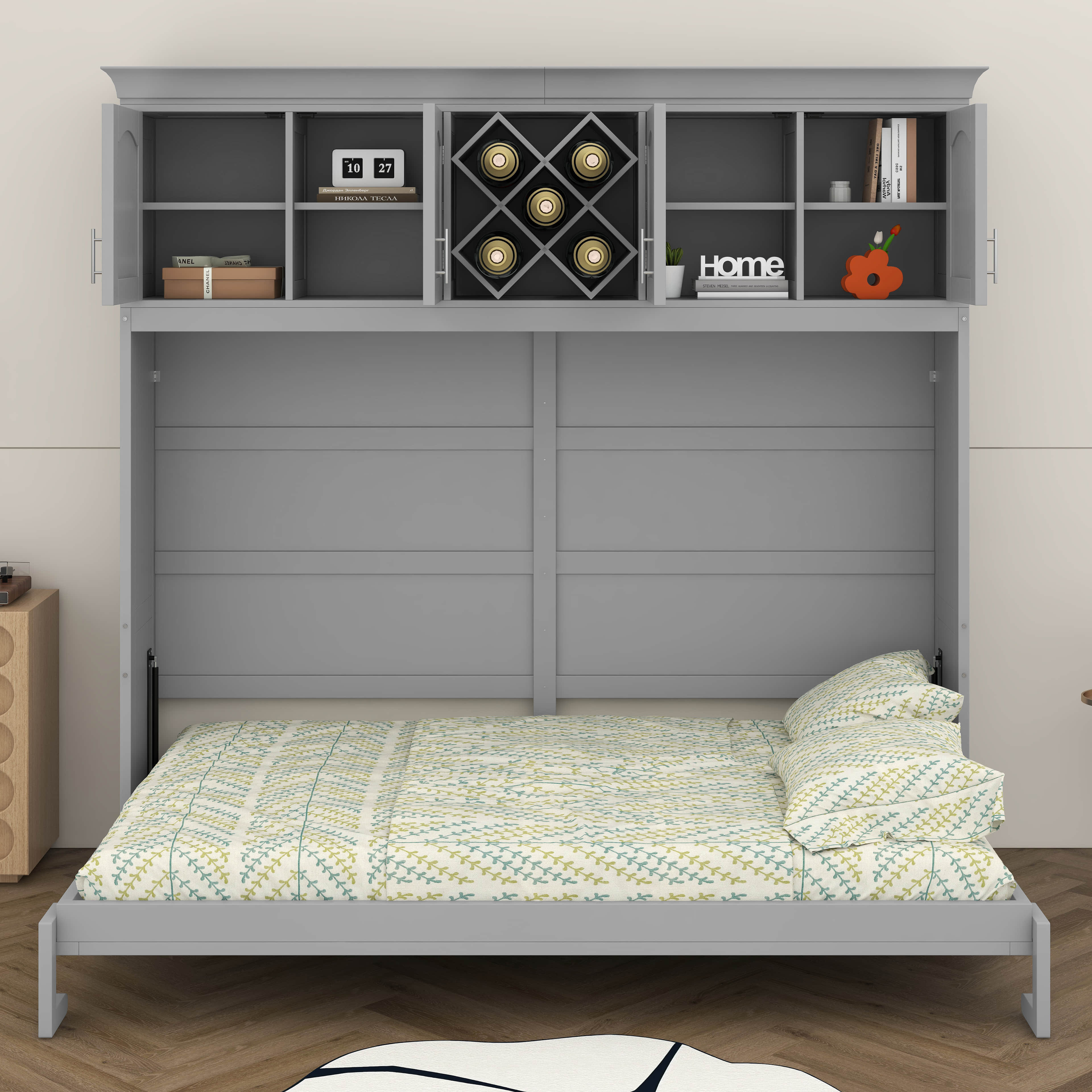 Queen Size Rack Latitude Run® Queen Size Murphy Bed Wall Bed With Top Cabinets & Wine ...