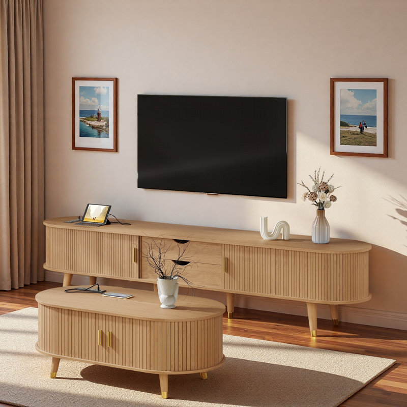 Ensemble de meuble télé et table basse en bois Farmhouse avec station de charge et portes coulissantes