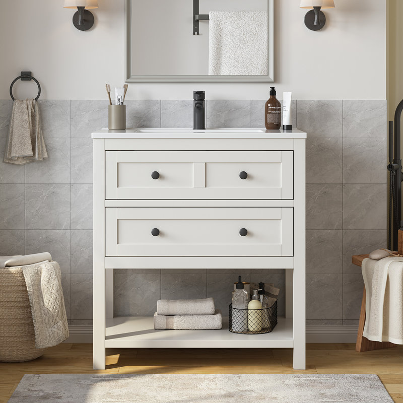 Allensville30" Freestanding Single Bathroom Vanity with Solid Surface Composite Top, 30", White
