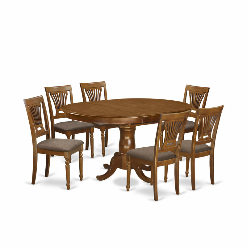 7 Piece Dining Room Furniture Set Consist of an Oval Kitchen Table with Butterfly Leaf and 6 Linen Fabric Chairs, Saddle Brown