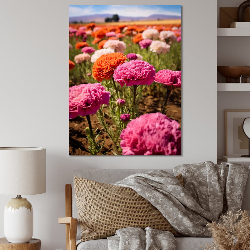 Rose, blanc, orange, œillets, art mural sur toile, H 44 po x l 34 po x P 1,5 po, Toile tendue