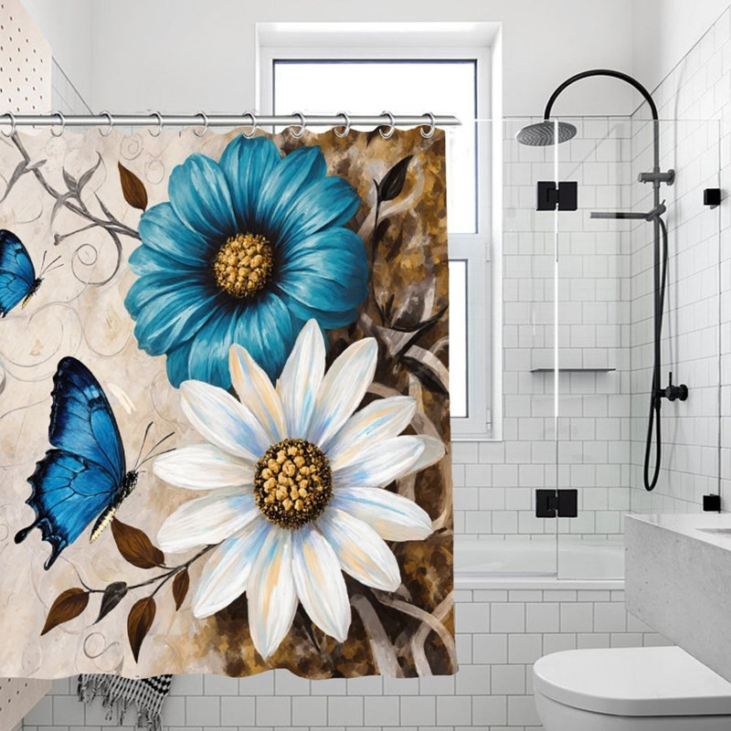 Rideaux de douche floraux bleus et blancs, 71 x 71