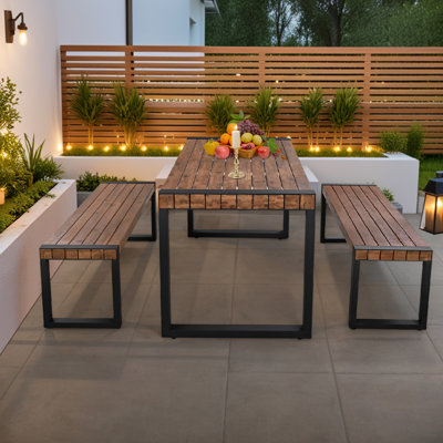  3-Piece Outdoor Dining Table with 2 Benches, Acacia Wood Top & Steel Frame, For Outdoor, Indoor and Natural