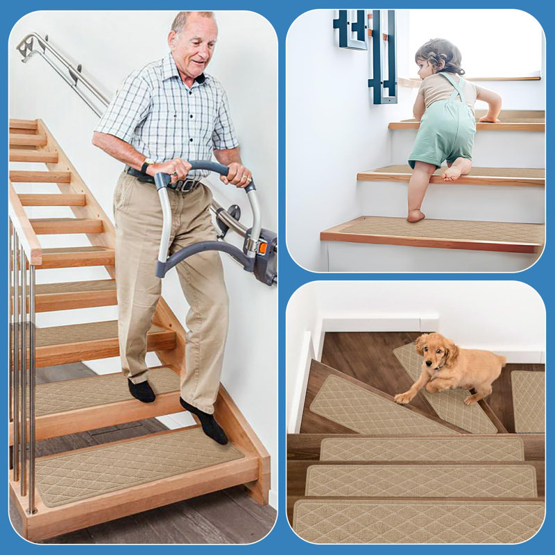 Beige Polyester Non-Slip Stair Treads with TPR Backing, 15 Pack