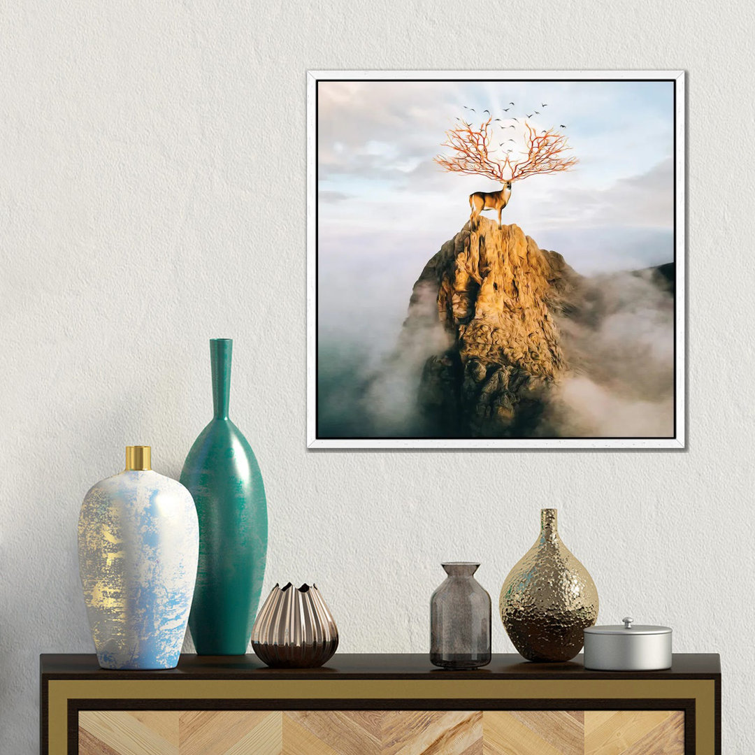 A Deer With Golden Antlers On Top Of A Mountain von Ievgeniia Bidiuk - Gallery-Wrapped Canvas Giclée on Canvas