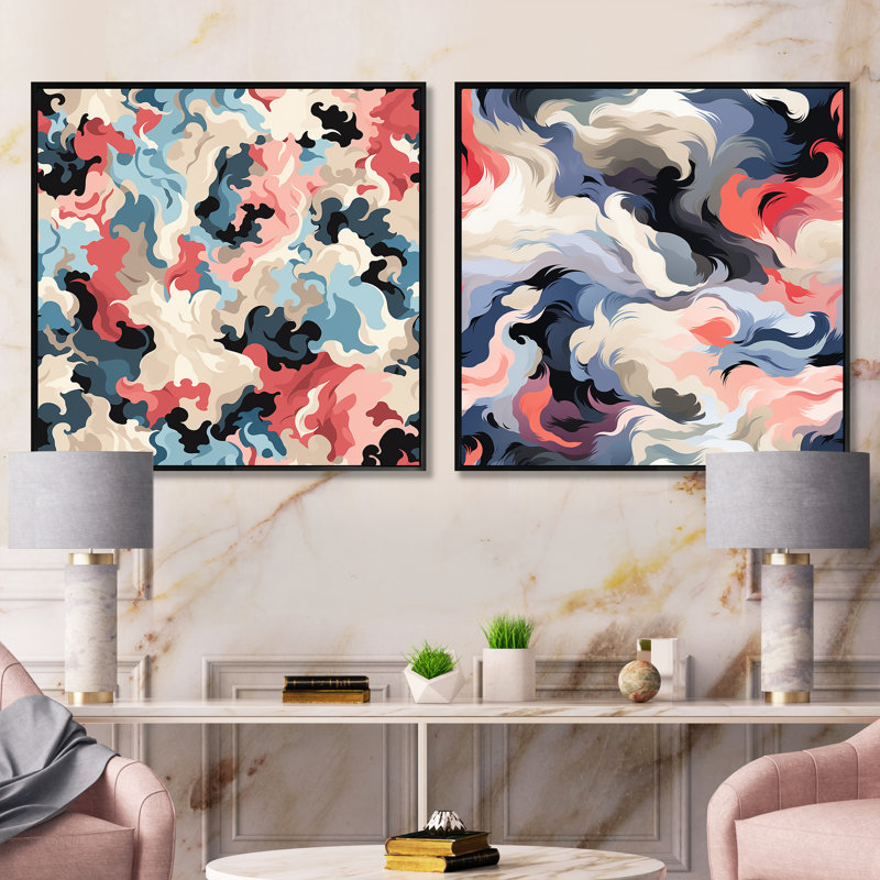 Victorienne mauve et rose composition aquatique - ensemble de 2 collages carrés abstraits, Cadre flottant noir