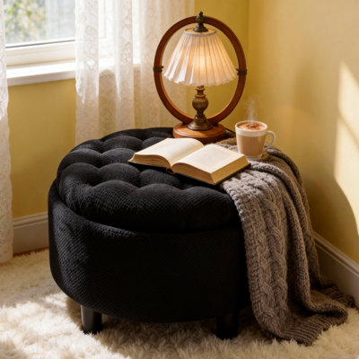 Repose-pieds de rangement rond 25 "avec plateau, capitonné - noir
