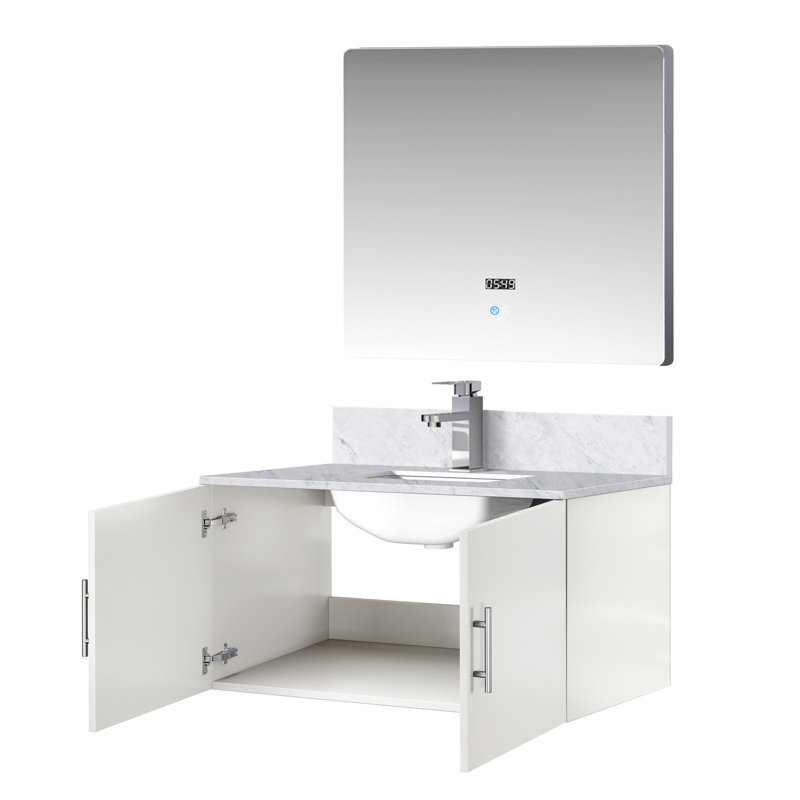 36 po L x P 22 po. Meuble-lavabo blanc brillant avec surface en marbre, robinet, miroir à DEL - résistance durable aux égratignures et aux taches pour les armoires de salle de bain
