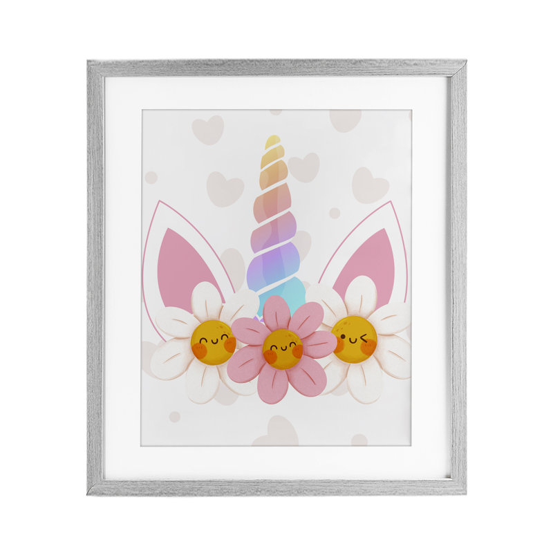 «Daisy Unicorn with Hearts», reproduction encadrée sous verre, conception de Jesse Keith, Cadre de ferme gris