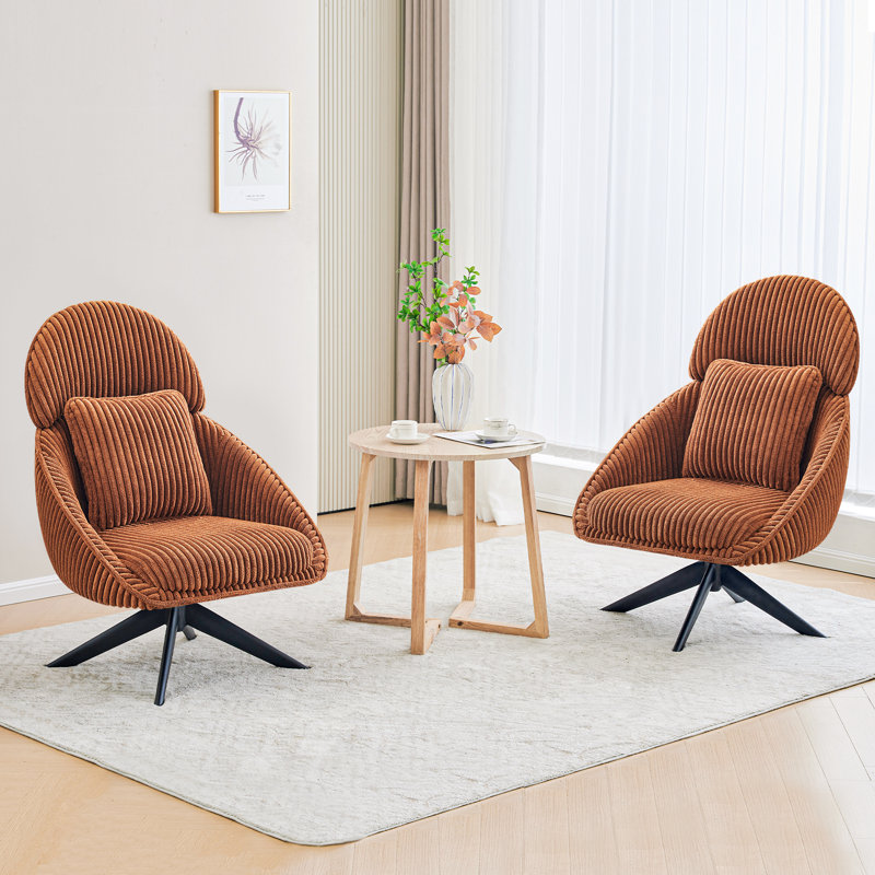 Fauteuil d'appoint pivotant avec coussin Areyah, Velours côtelé orange