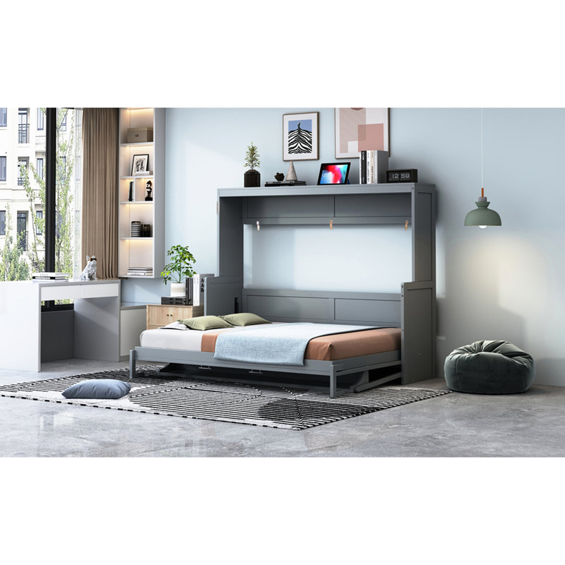 Lit double gris, bureau compact avec charnières hydrauliques, support de 600 lb, rangement pour matelas,
