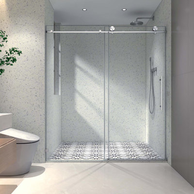 Une porte de douche fixe et une porte décalée sans cadre, grandes poulies en acier inoxydable avec fonction de fermeture en douceur réglable