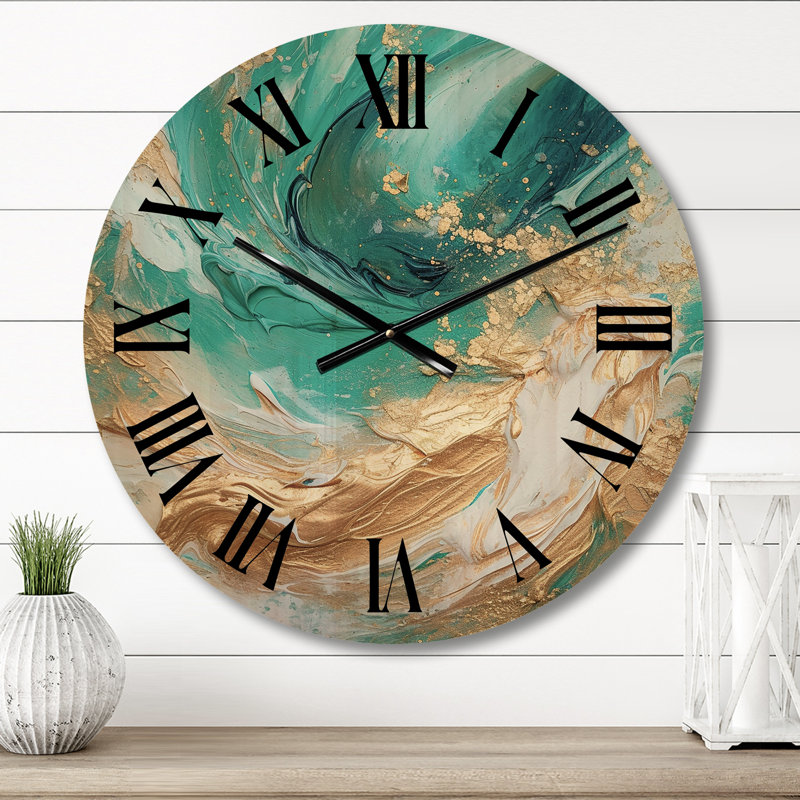 Golden Ocean Waves Turquoise Abstract IV - Peinture abstraite horloge murale en bois, Moyenne