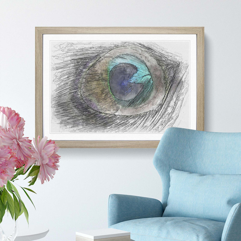 Delicate Peacock Feather in Abstract - Picture Frame Graphic Art Print, 48cm H x 65cm W x 2cm D, Oak Framed
