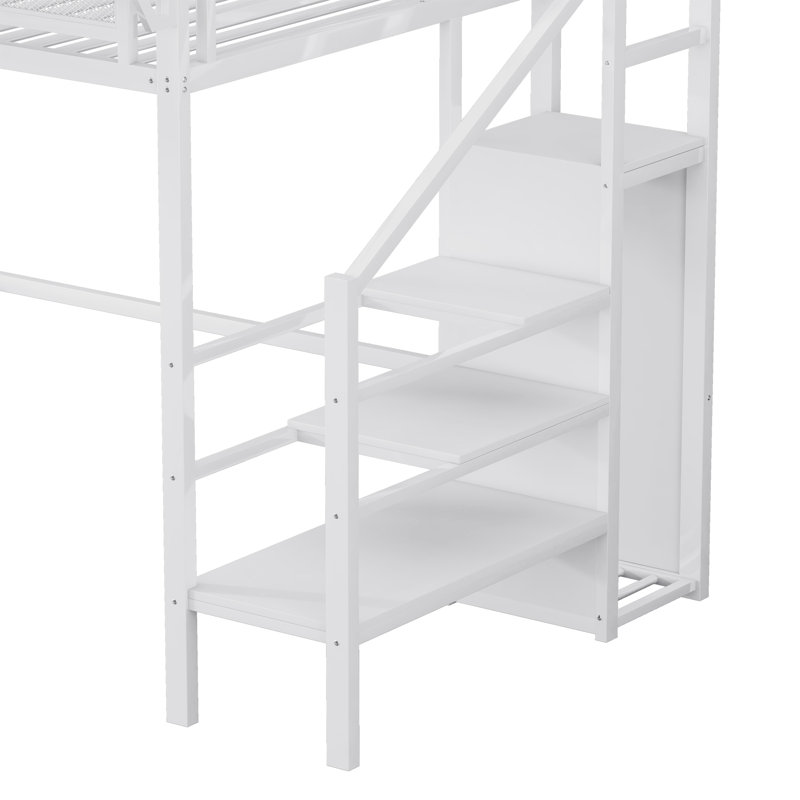 Metal Loft Bed Frame With Wardrobe, Storage Shelves, White
