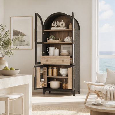 71" Tall Arched Kitchen Pantry Cabinet With Door Shelves
