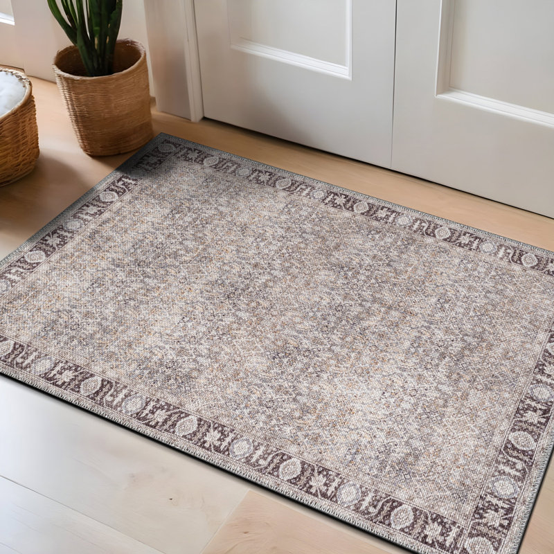 Elise Gray Vintage Rug – Machine Washable, Flat Pile Texture With Non-Slip Backing, Rectangle 2' x 3'