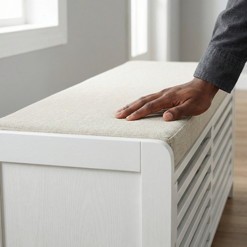 Rustic Entryway Storage Bench With Cushion - Shutter Door Organizer For Shoes And Accessories, White
