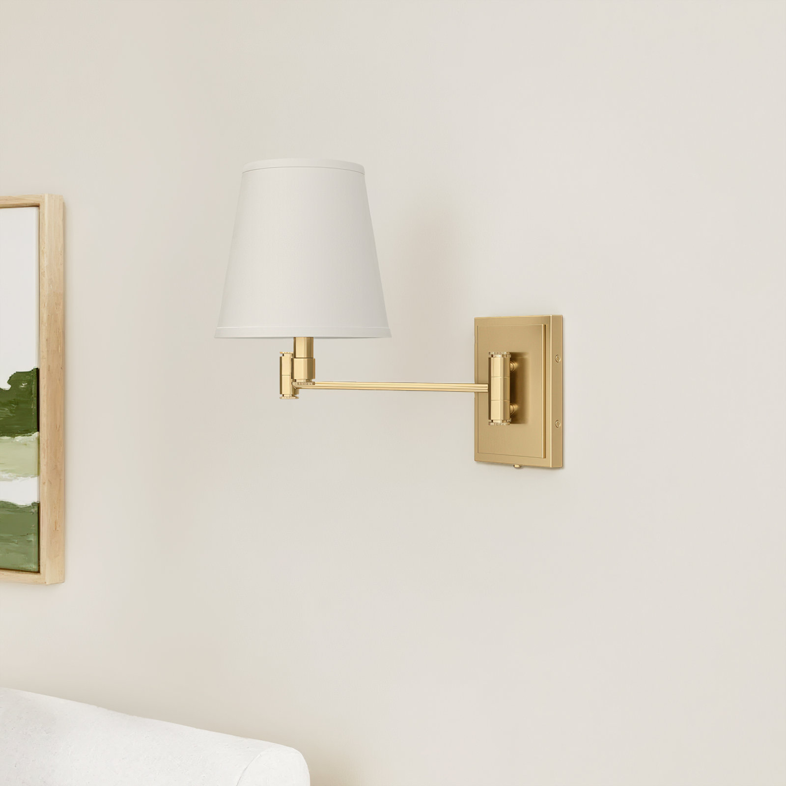 Janis Single Light Steel Dimmable Plug-in Swing Arm Sconce, Lacquered Brass