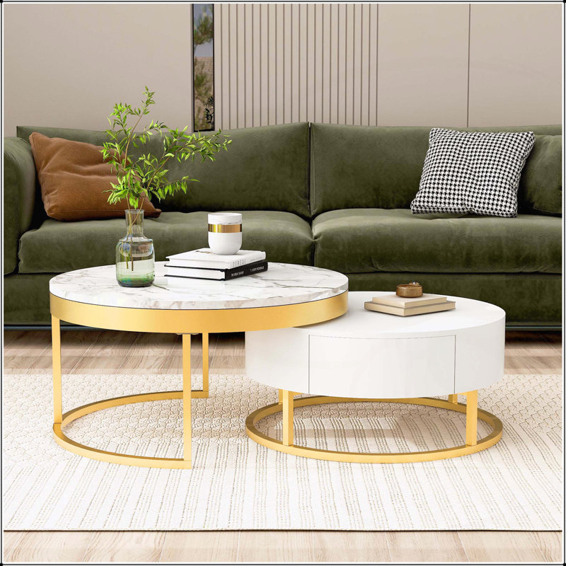 Table basse moderne et gigogne moderne avec tiroirs en blanc et or, parfaite pour les espaces de vie compacts et élégants