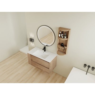 Meuble-lavabo de salle de bain, 36 po, contreplaqué, 1 pièce, fixation murale, chêne imitation