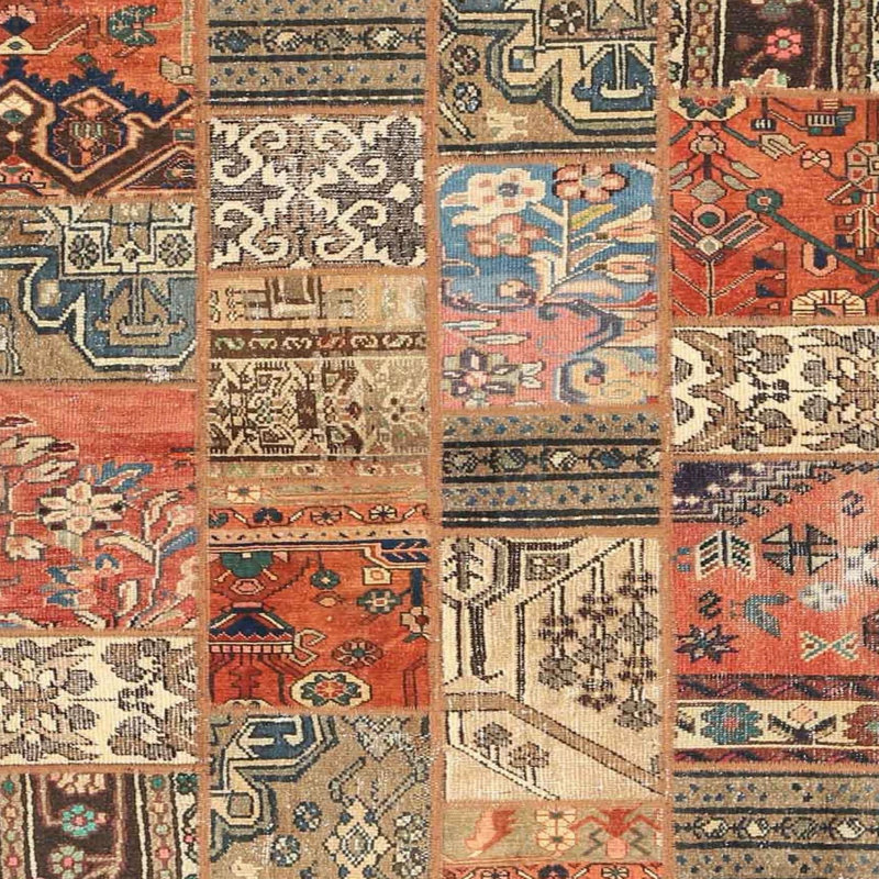 Tapis brun/orange/bleu zone contemporaine, Carré 4 pi