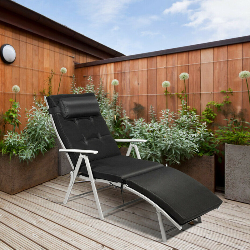 Vaiga Outdoor Metal Single chaise with Cushions, Black, Black, White