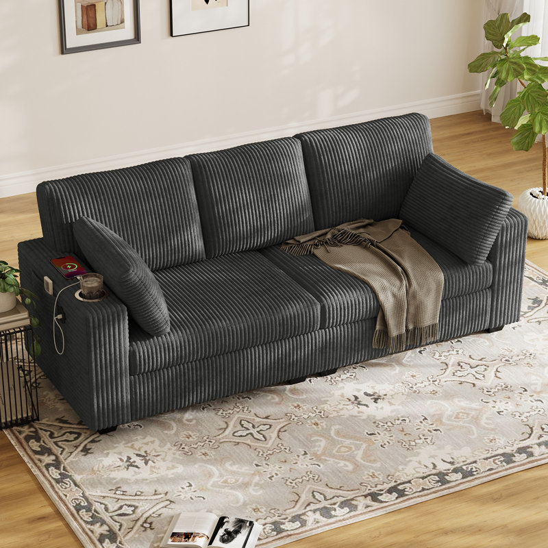 Canapé en velours côtelé l 80 po avec porte-gobelets, poches de rangement et ports USB - canapé gris, Grey