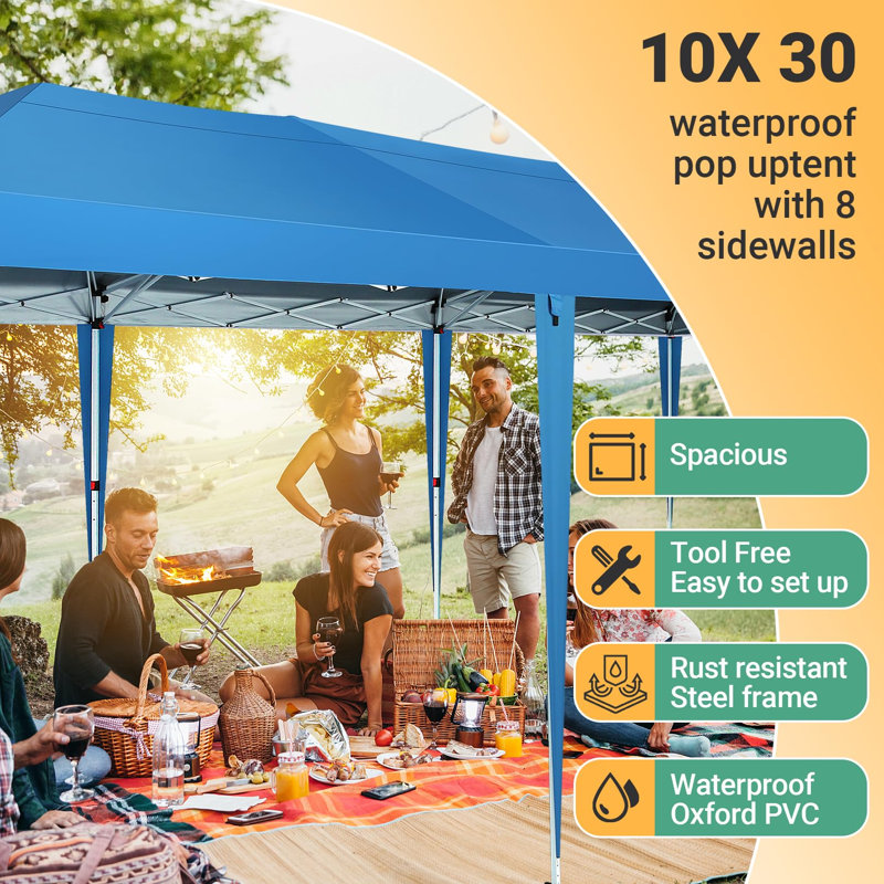 10x 30 FT Pop Up Canopy Tent with Removable Sidewalls, Blue
