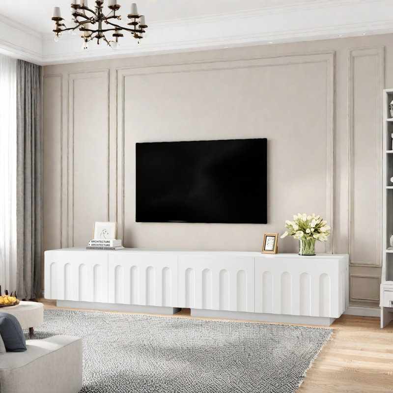 Table basse moderne à double usage avec meuble télé arqué et 4 tiroirs, Blanc