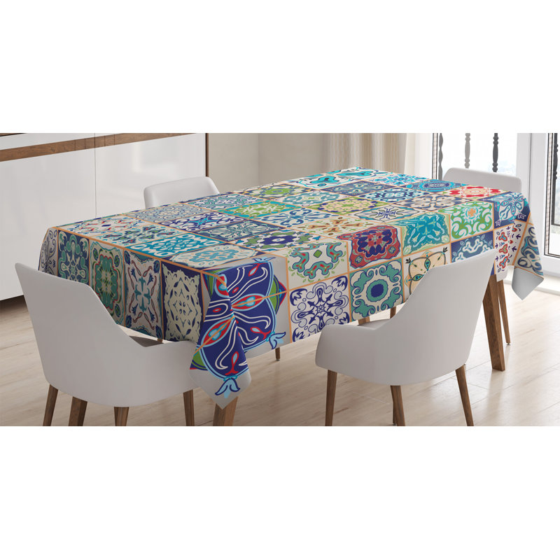 Moroccan Tablecloth, Floral Patchwork Design With Mediterranean Symbolic Artisan Work, Rectangular Table Cover For Dining Room Kitchen Decor, 52" X 70", Multicolor