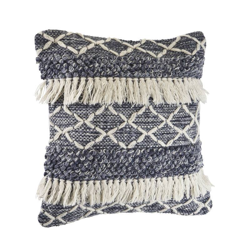 Striped Fringed Wool Geometric Throw Pillow Cover, Blue/White, Polyester/Polyfill