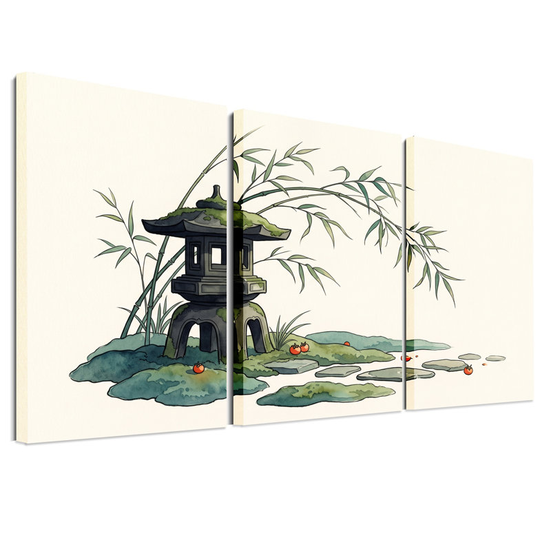Ensemble de 3 toiles murales Mossy Stone Lantern, H 30 po x l 20 po x 3 pièces
