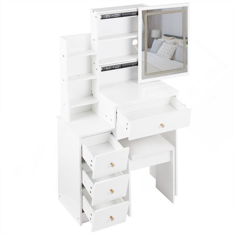 Petite coiffeuse de 29,2 po avec tabouret rembourré, 2 prises CA et 2 ports USB, support pour séchoir à cheveux, réglage de la luminosité