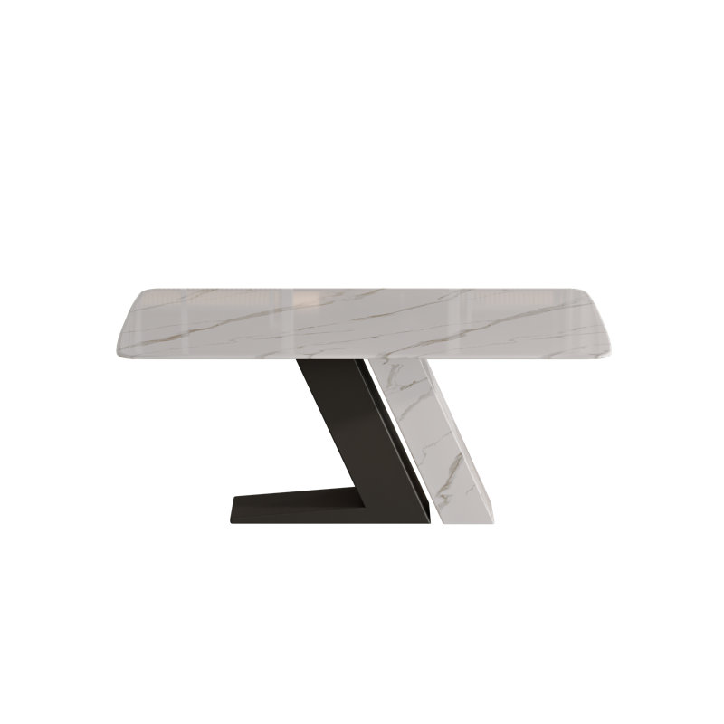 Modern White Rectangular Sintered Stone Dining Table with Z-shaped Pedestal Base, 29.53"H x 63"L x 35.43"W, Black