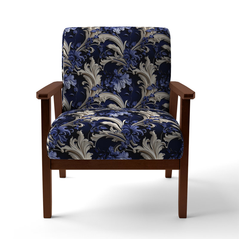 Cobalt Blue Baroque Scrolls Victorian Pattern - Upholstered Cottage Arm Chair, Brown Square Arms