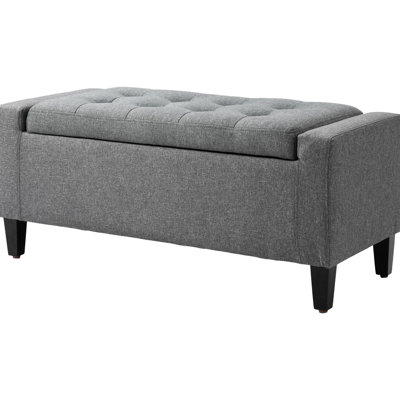 Living Room Storage Bench In Gray Linen, Lift Top With Button , Multipurpose As Footrest, Bed And Ample Options Linen Upholstered For Versatile Setup